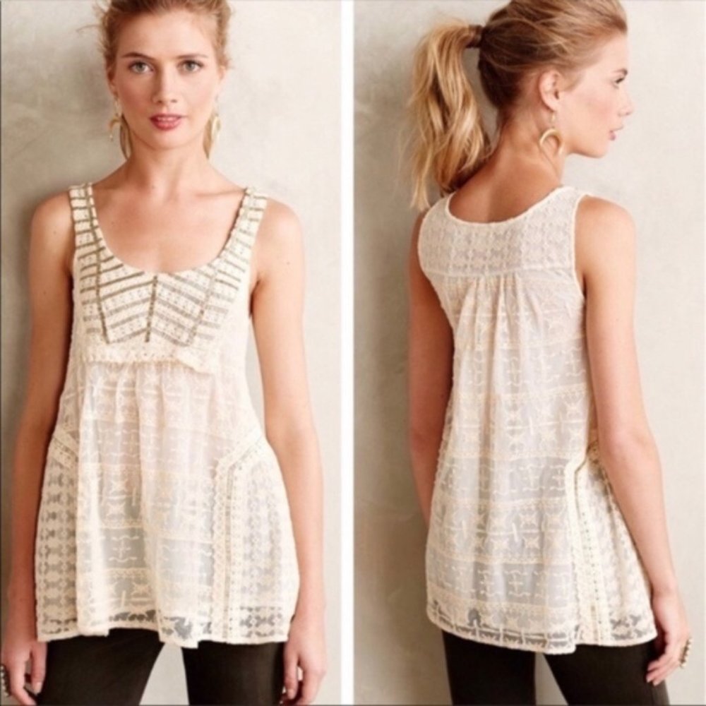 Anthropologie Sleeveless Cream Beaded Tunic